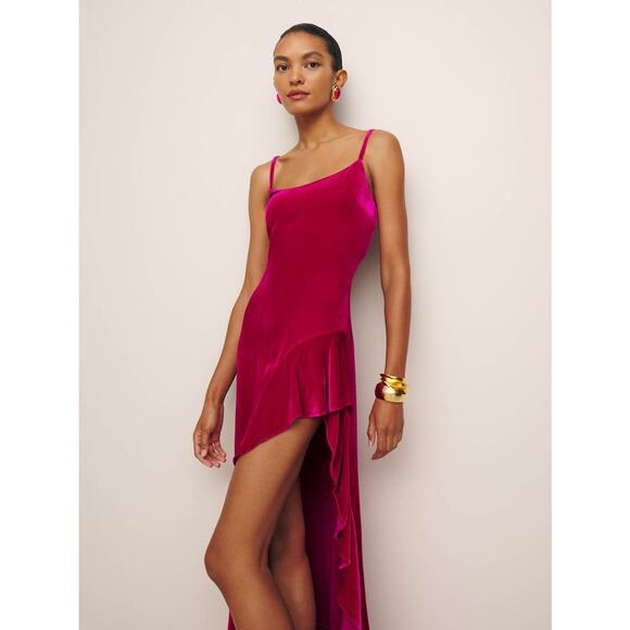 Reformation Winola Maxi Dress Size Small Rhubarb Velvet Ruffle Wedding - Picture 8 of 15